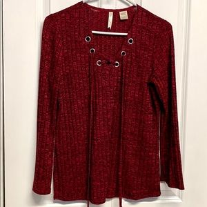Chenault Red Black V Cross String Neck Long Sleeve Pull Over Sweater Size S